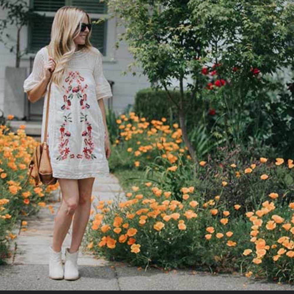 Free People Perfectly Victorian Floral Embroidered Cream Mini Dress